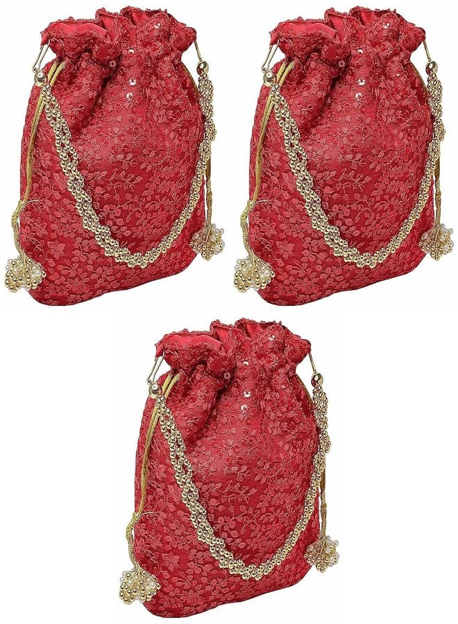 DUCHESS Women Red Floral Potli Bag (Pack of 3)